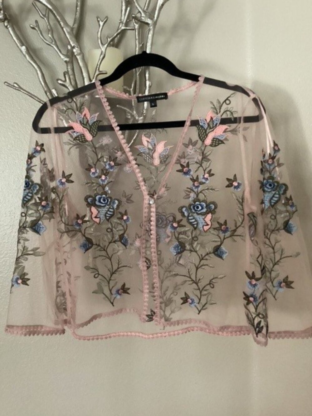 Chris McLaughlin pink embroidered sheer women's top, shrug, blouse, size large